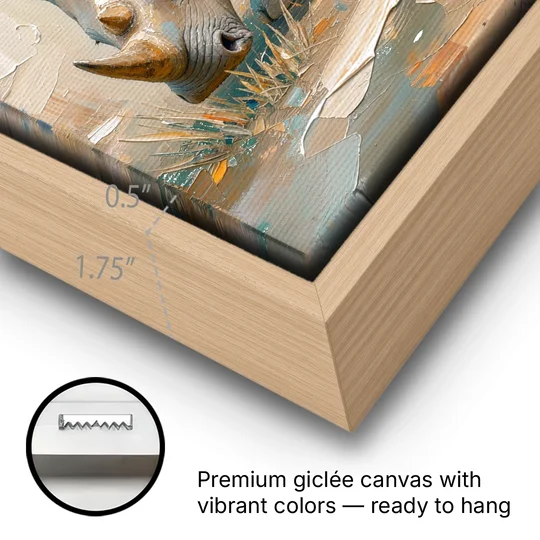 White Rhino Calf Lowering Its Head to Graze - Oak Framed Canvas Wall Art - Gallery Wrap Corner