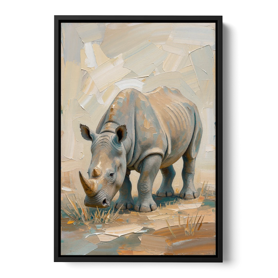 White Rhino Calf Lowering Its Head to Graze - Black Framed Canvas Wall Art - Front