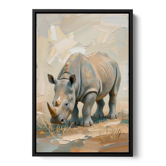 White Rhino Calf Lowering Its Head to Graze - Black Framed Canvas Wall Art - Front