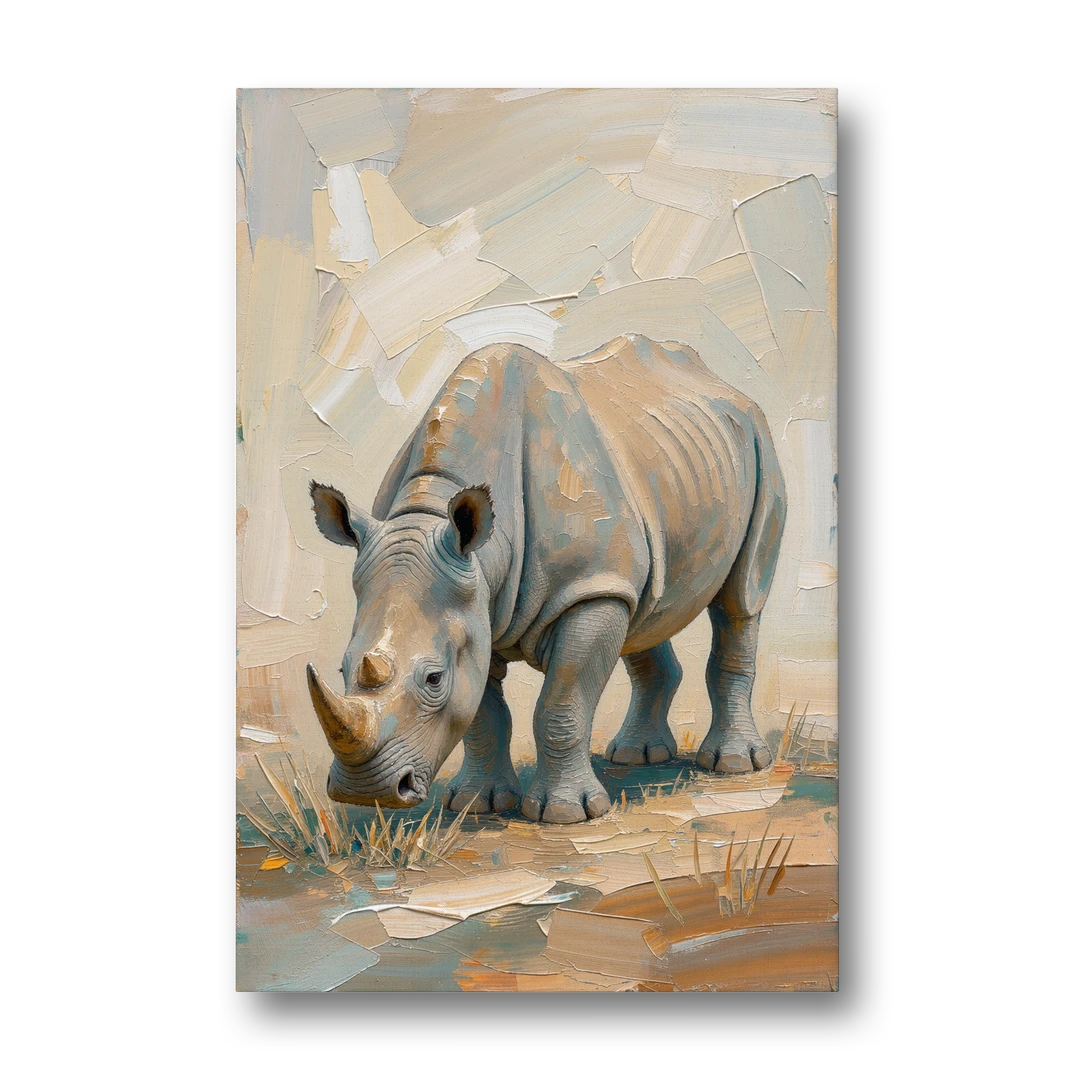 White Rhino Calf Lowering Its Head to Graze - Canvas Wall Art - Front