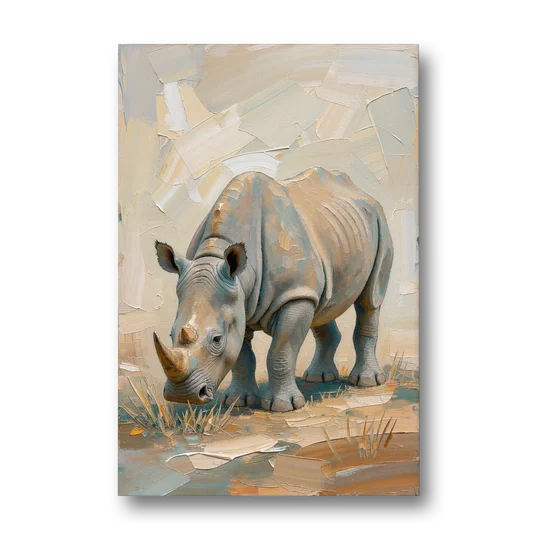 White Rhino Calf Lowering Its Head to Graze - Canvas Wall Art - Front