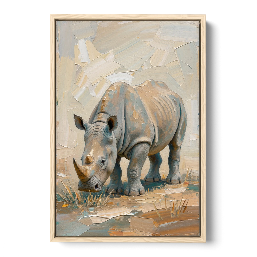 White Rhino Calf Lowering Its Head to Graze - Oak Framed Canvas Wall Art - Front