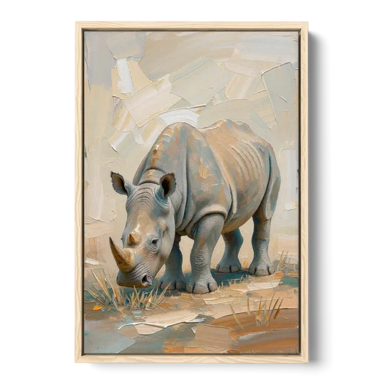 White Rhino Calf Lowering Its Head to Graze - Oak Framed Canvas Wall Art - Front