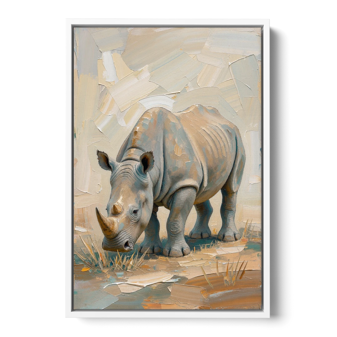 White Rhino Calf Lowering Its Head to Graze - White Framed Canvas Wall Art - Front