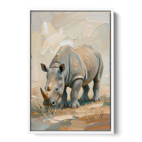 White Rhino Calf Lowering Its Head to Graze - White Framed Canvas Wall Art - Front