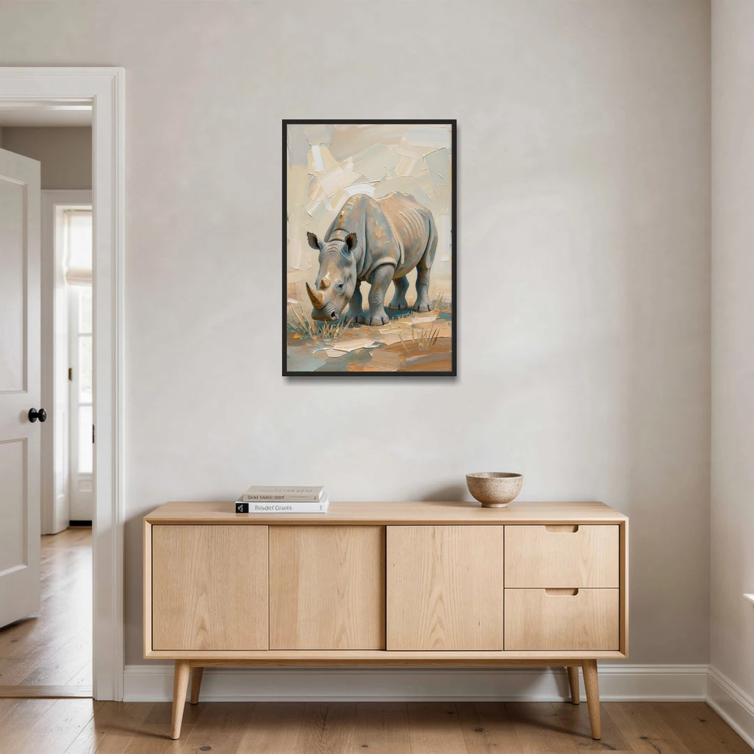 White Rhino Calf Lowering Its Head to Graze - Black Framed Canvas Wall Art - Coffee Table - 24x36
