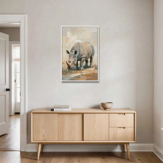 White Rhino Calf Lowering Its Head to Graze - White Framed Canvas Wall Art - Coffee Table - 24x36