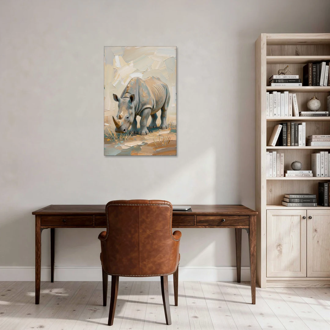 White Rhino Calf Lowering Its Head to Graze - Canvas Wall Art - Office - 24x36