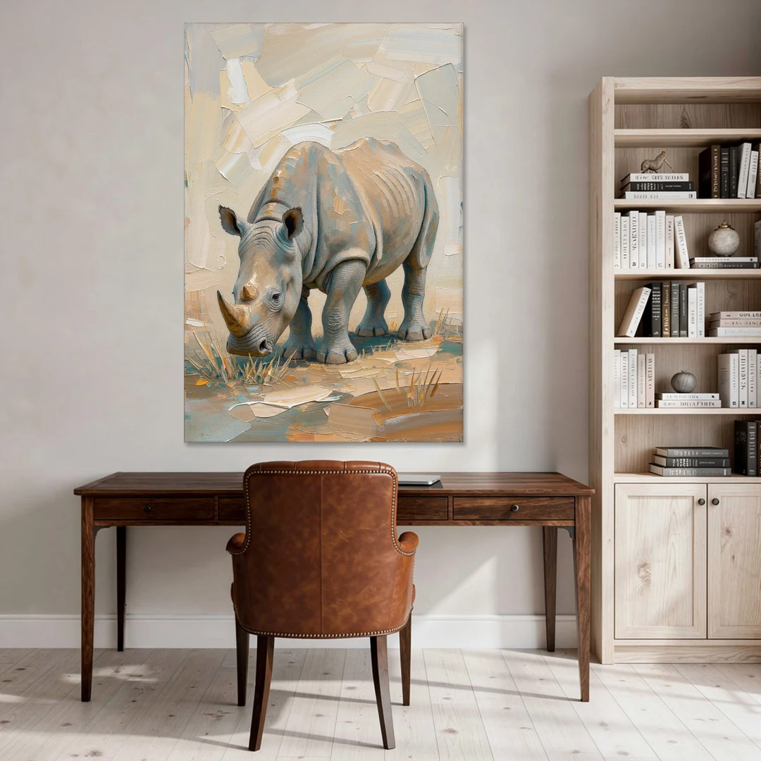 White Rhino Calf Lowering Its Head to Graze - Canvas Wall Art - Office - 40x60