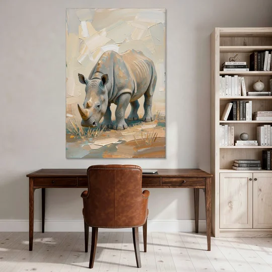 White Rhino Calf Lowering Its Head to Graze - Canvas Wall Art - Office - 40x60