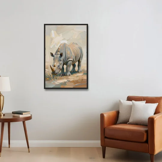 White Rhino Calf Lowering Its Head to Graze - Black Framed Canvas Wall Art - Sofa - 24x36