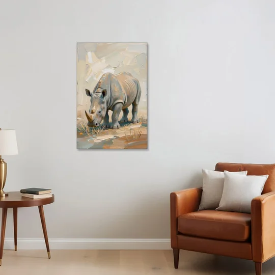 White Rhino Calf Lowering Its Head to Graze - Canvas Wall Art - Sofa - 24x36