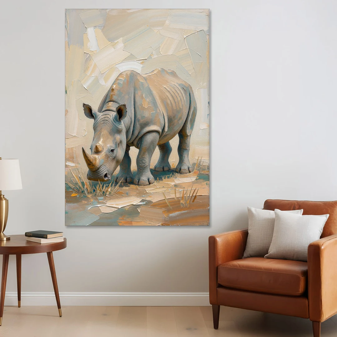 White Rhino Calf Lowering Its Head to Graze - Canvas Wall Art - Sofa - 40x60