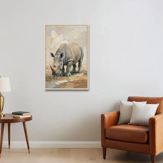 White Rhino Calf Lowering Its Head to Graze - Oak Framed Canvas Wall Art - Sofa - 24x36