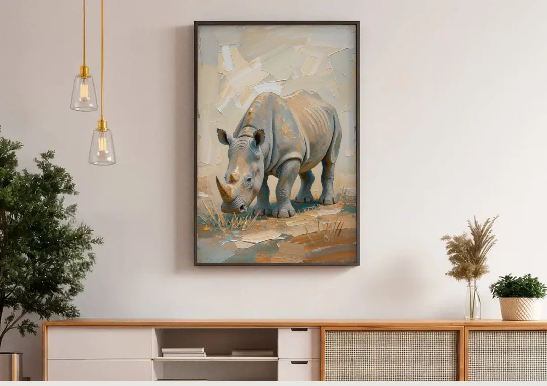 White Rhino Calf Lowering Its Head to Graze canvas wall art above a wooden sideboard under pendant lights
