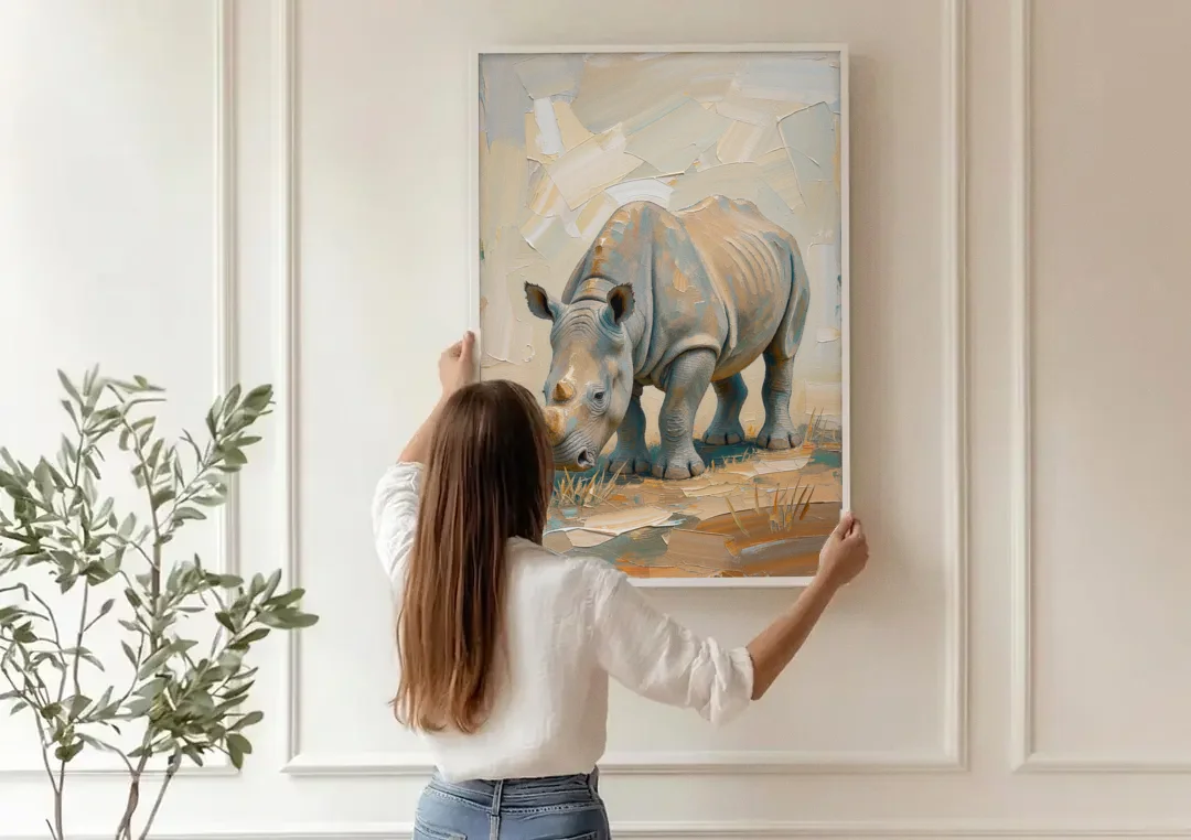 White Rhino Calf Lowering Its Head to Graze canvas wall art being hung on a paneled wall