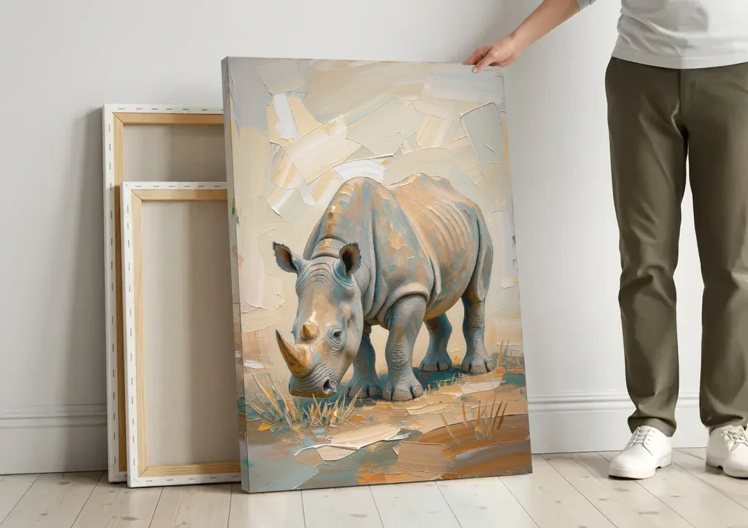 White Rhino Calf Lowering Its Head to Graze canvas wall art leaning against a wall next to blank canvases