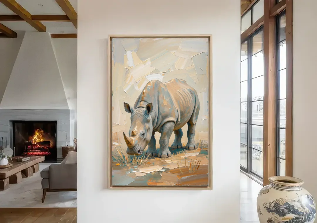 White Rhino Calf Lowering Its Head to Graze canvas wall art in a living room with a fireplace