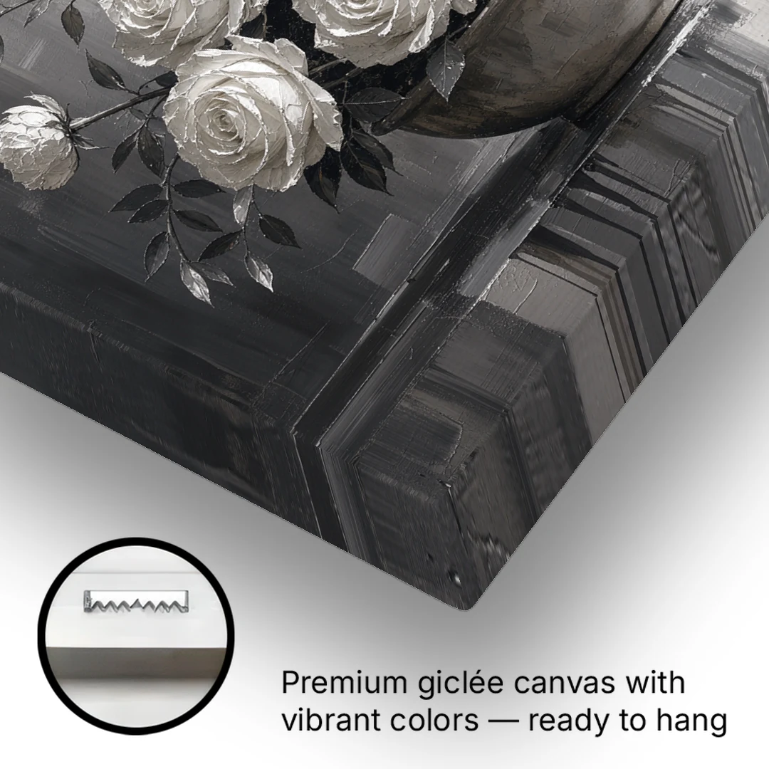 White Roses and Peonies in a Stoneware Bowl - Canvas Wall Art - Gallery Wrap Corner