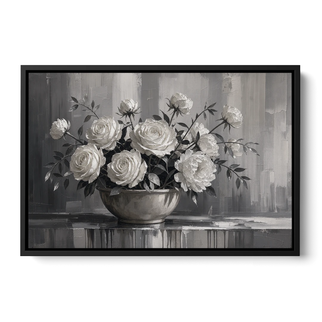 White Roses and Peonies in a Stoneware Bowl - Black Framed Canvas Wall Art - Front