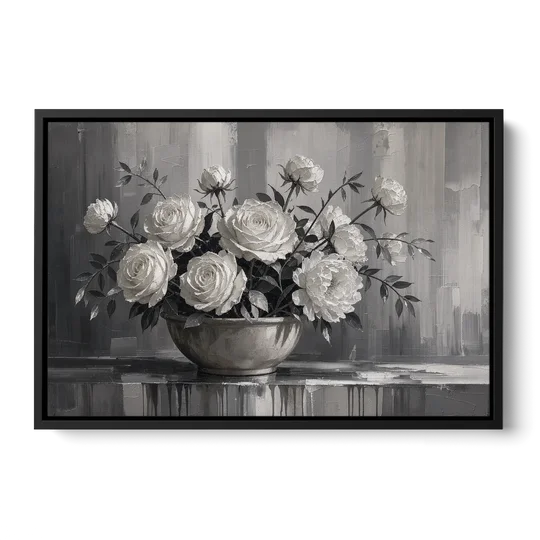 White Roses and Peonies in a Stoneware Bowl - Black Framed Canvas Wall Art - Front