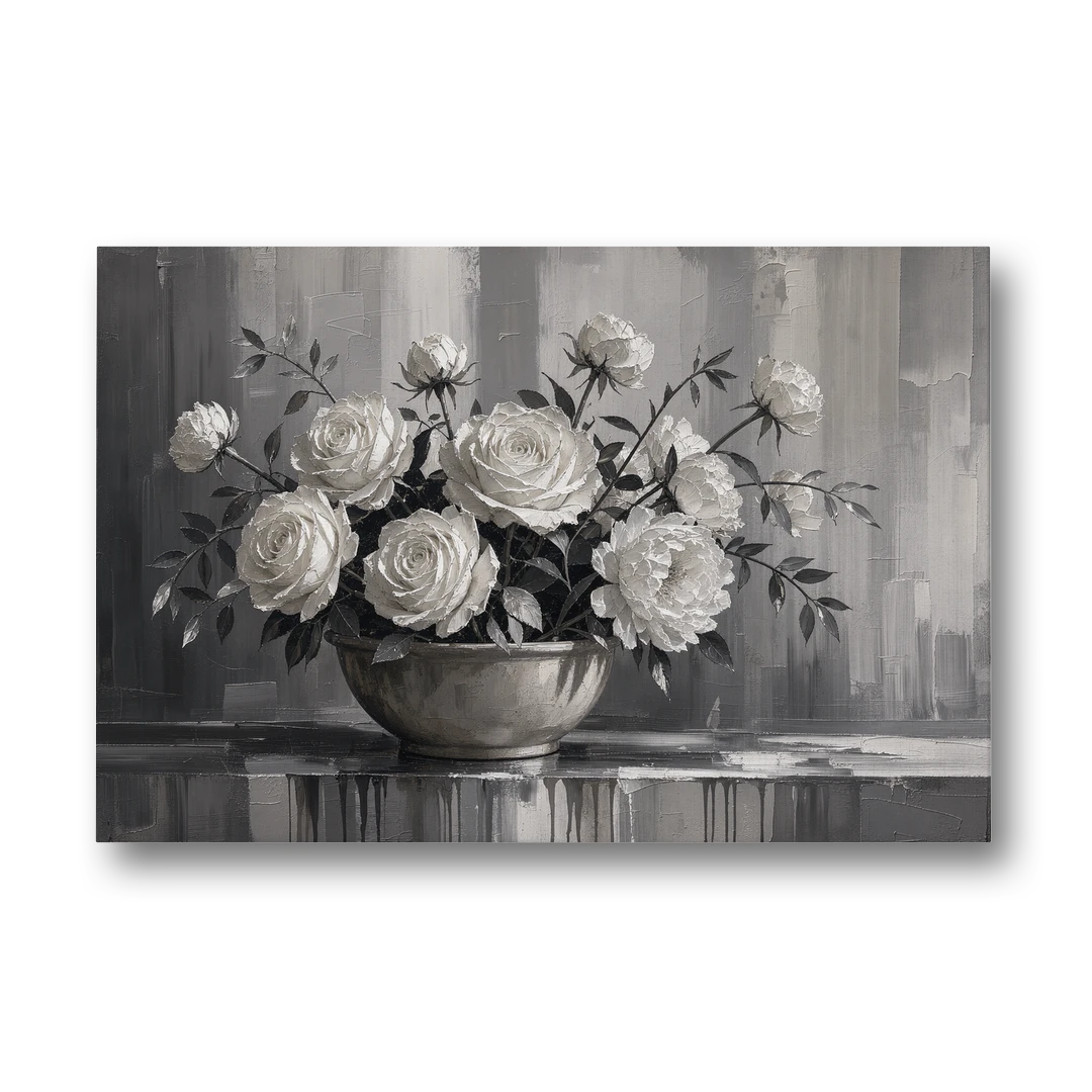 White Roses and Peonies in a Stoneware Bowl - Canvas Wall Art - Front