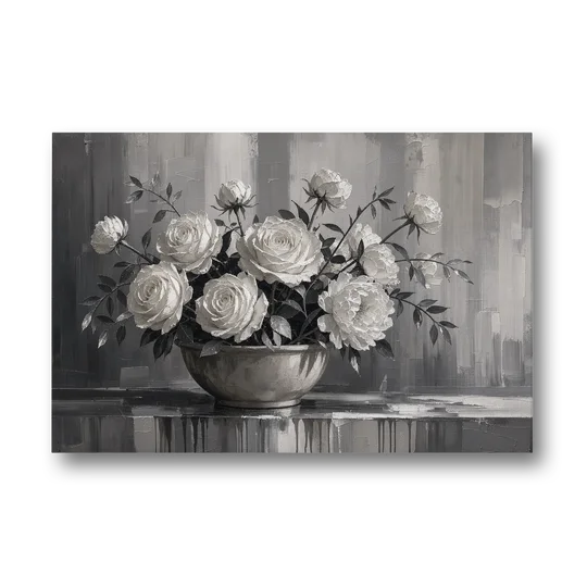 White Roses and Peonies in a Stoneware Bowl - Canvas Wall Art - Front