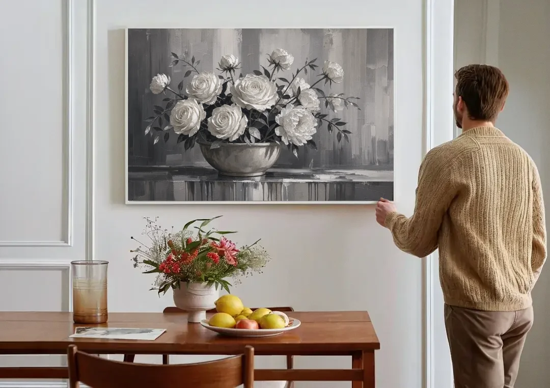 White Roses and Peonies in a Stoneware Bowl canvas wall art above a dining table