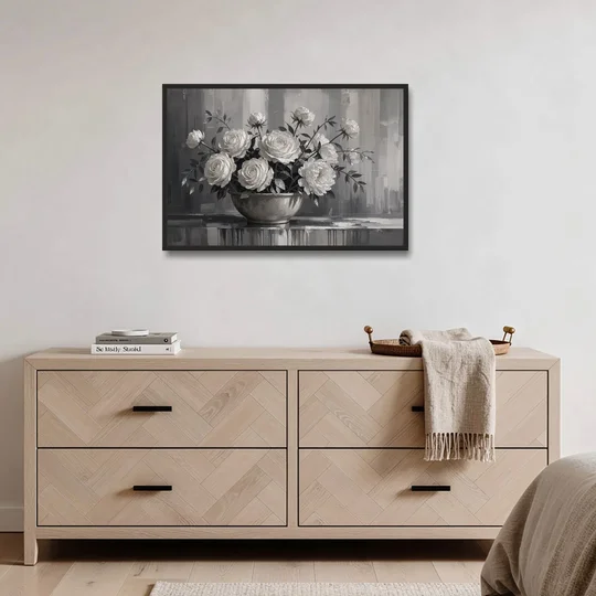 White Roses and Peonies in a Stoneware Bowl - Black Framed Canvas Wall Art - Coffee Table - 36x24