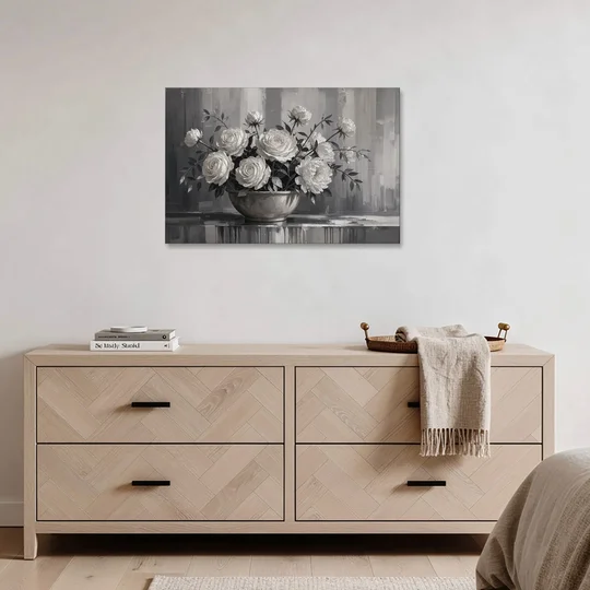 White Roses and Peonies in a Stoneware Bowl - Canvas Wall Art - Coffee Table - 36x24