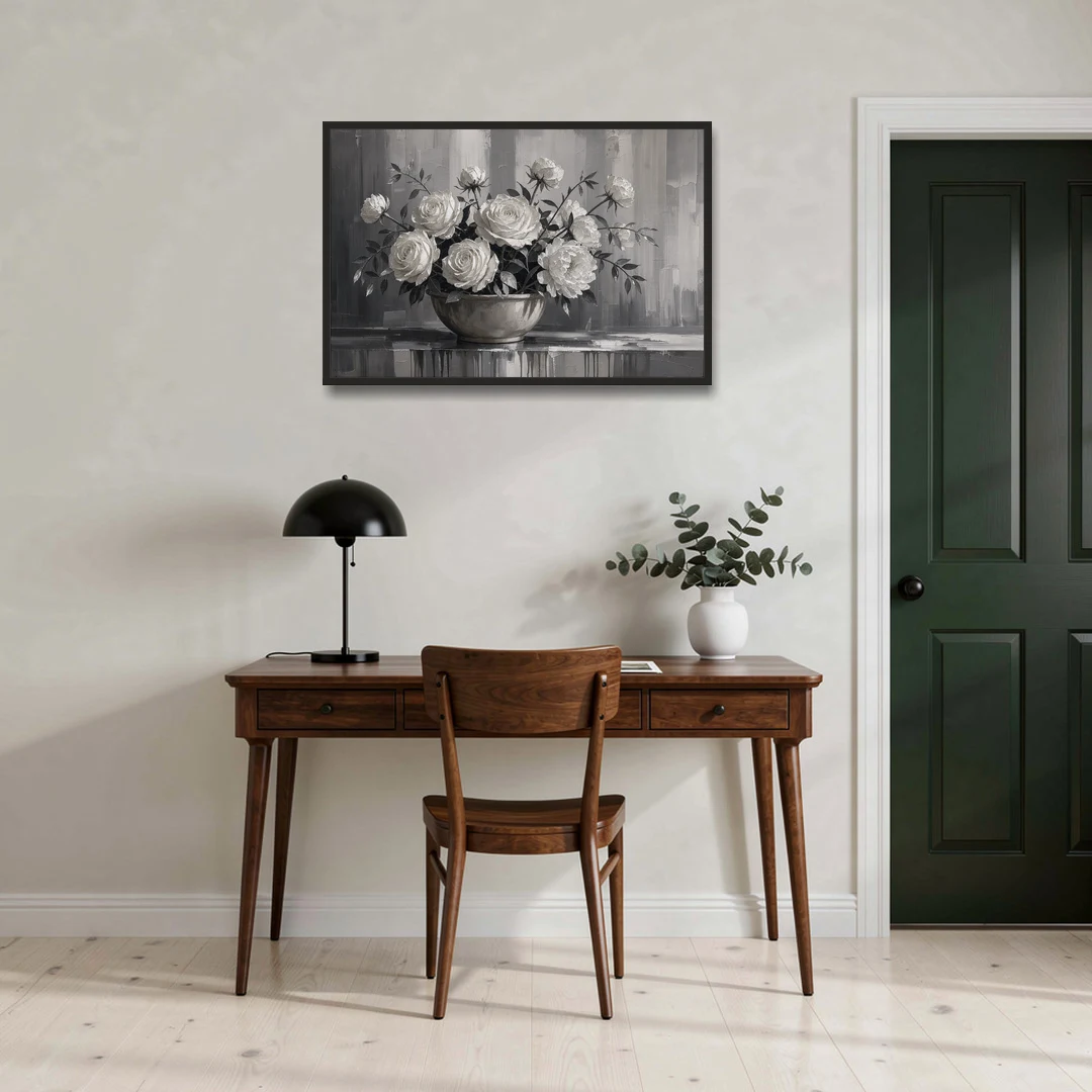 White Roses and Peonies in a Stoneware Bowl - Black Framed Canvas Wall Art - Office - 36x24