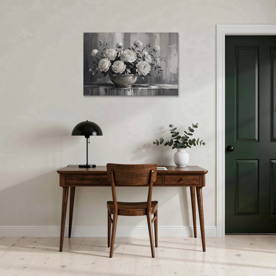 White Roses and Peonies in a Stoneware Bowl - Canvas Wall Art - Office - 36x24