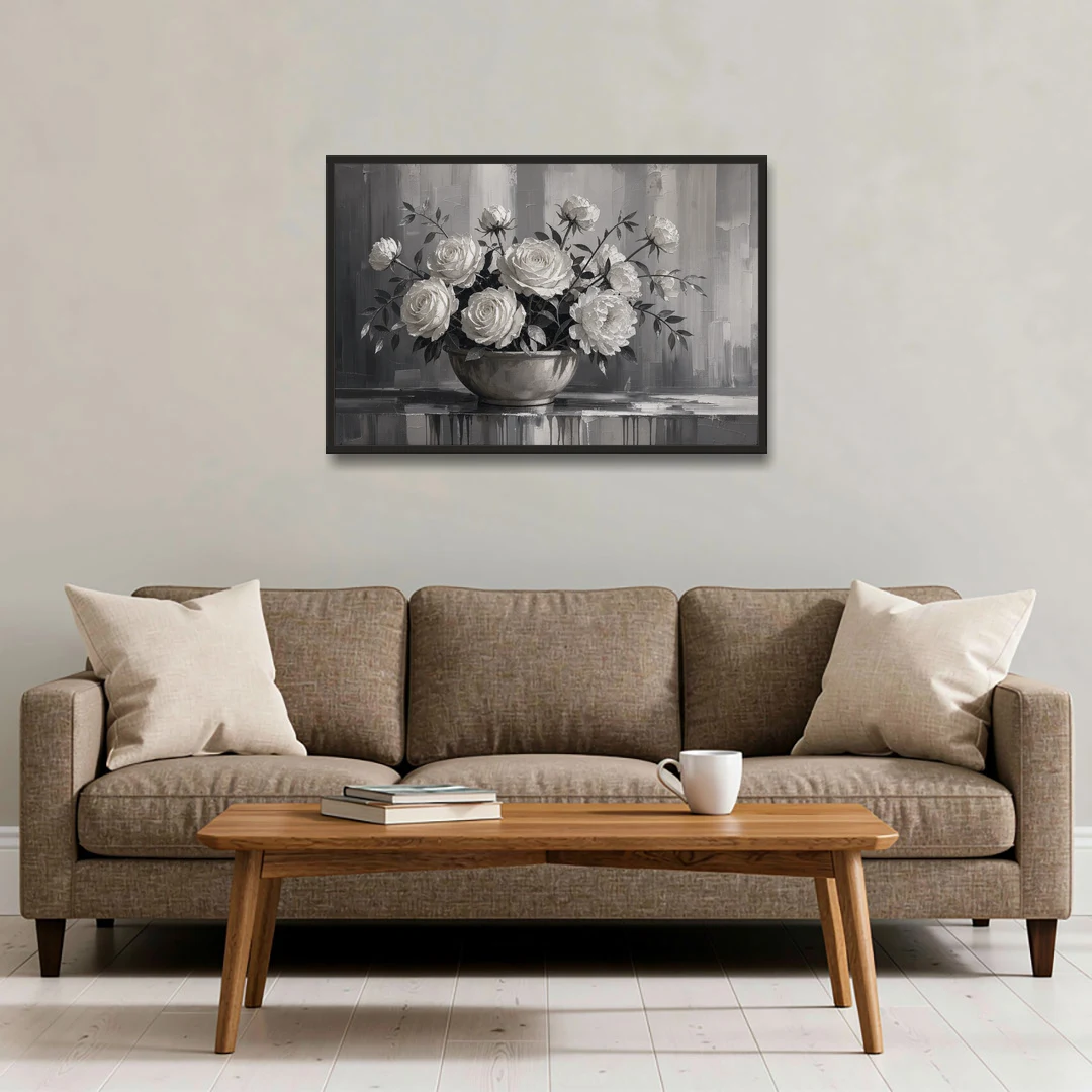 White Roses and Peonies in a Stoneware Bowl - Black Framed Canvas Wall Art - Sofa - 36x24