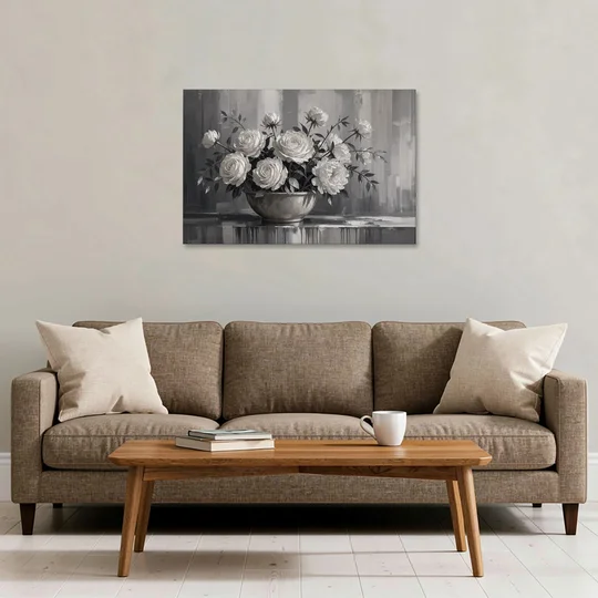 White Roses and Peonies in a Stoneware Bowl - Canvas Wall Art - Sofa - 36x24