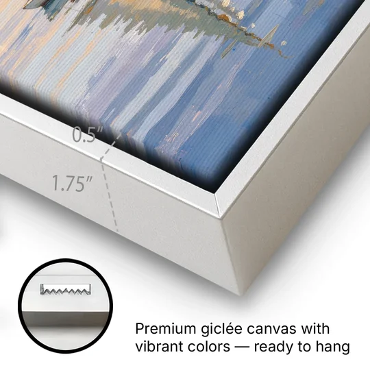 White Sailboat Sloop on Evening Glass - White Framed Canvas Wall Art - Gallery Wrap Corner