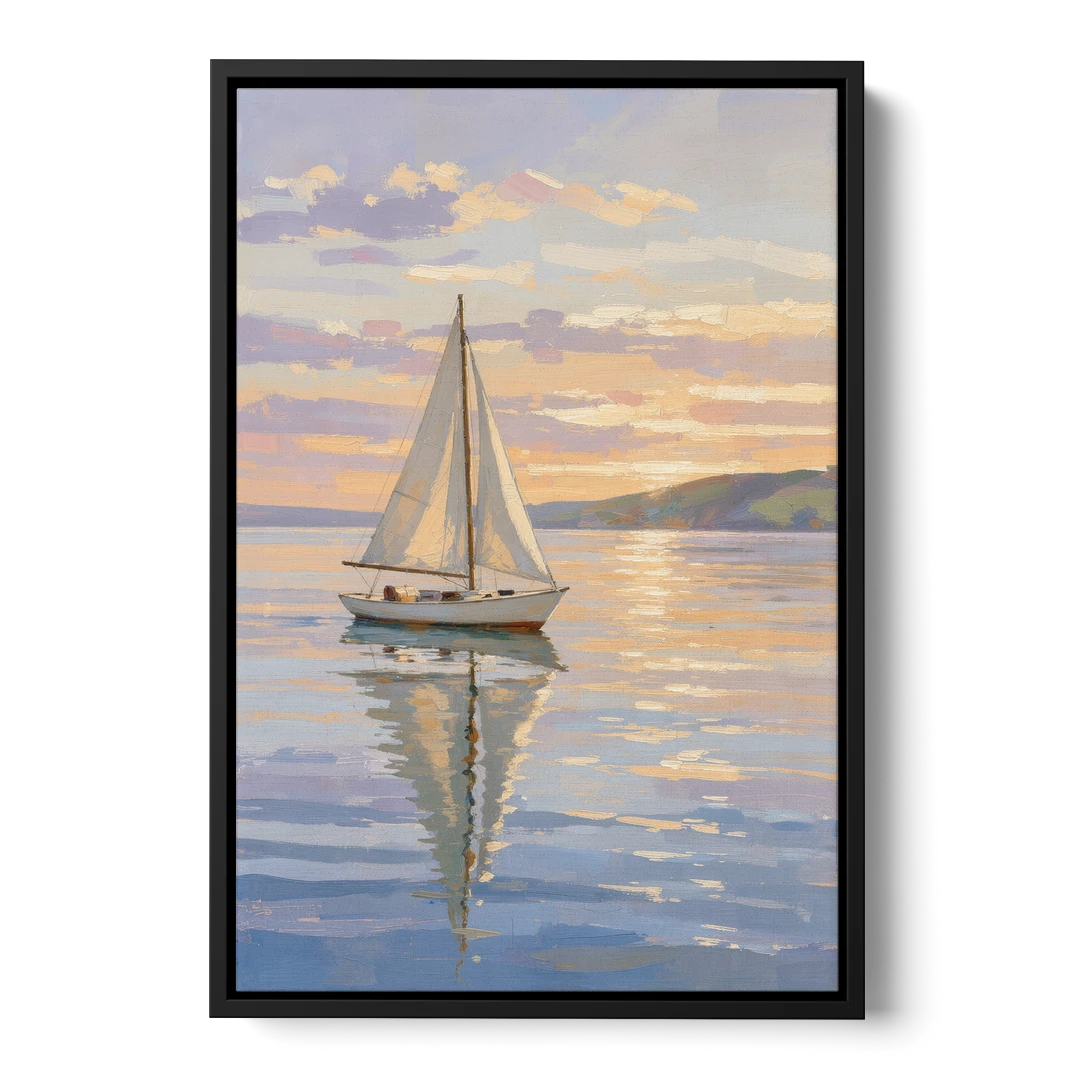 White Sailboat Sloop on Evening Glass - Black Framed Canvas Wall Art - Front