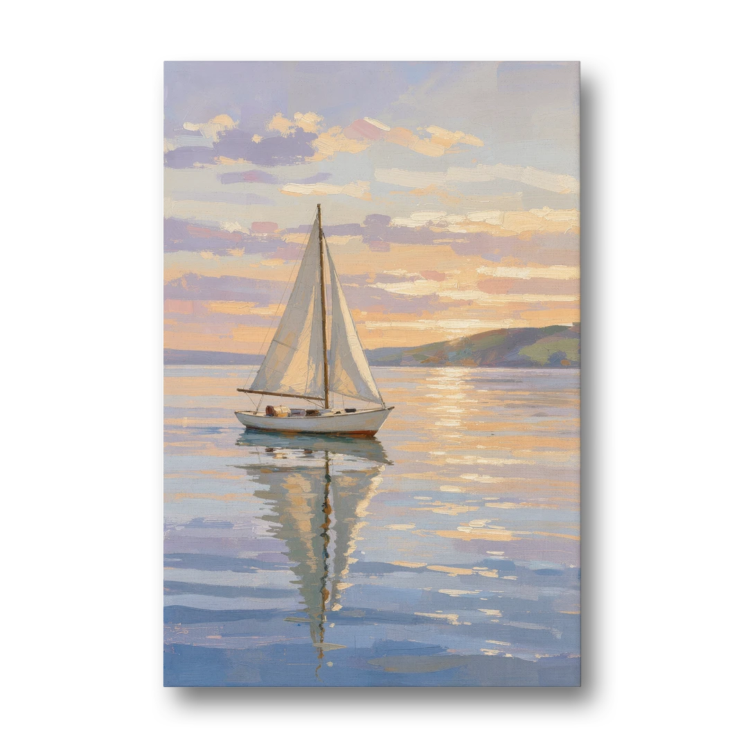 White Sailboat Sloop on Evening Glass - Canvas Wall Art - Front