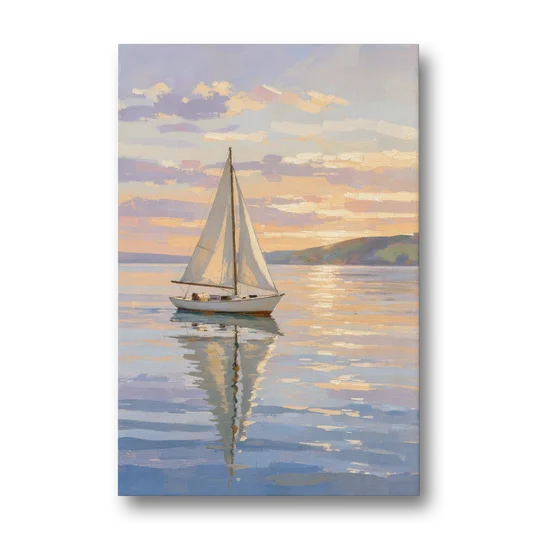 White Sailboat Sloop on Evening Glass - Canvas Wall Art - Front