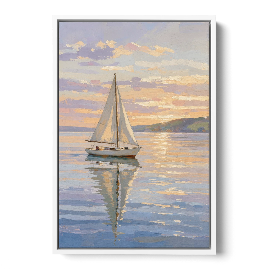 White Sailboat Sloop on Evening Glass - White Framed Canvas Wall Art - Front