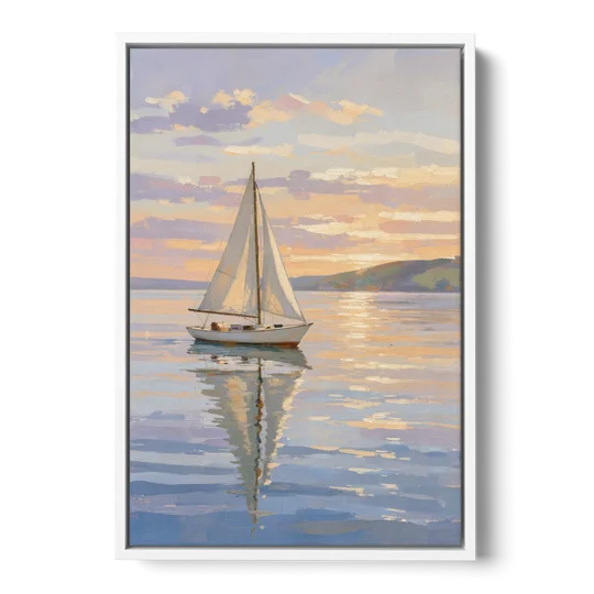 White Sailboat Sloop on Evening Glass - White Framed Canvas Wall Art - Front