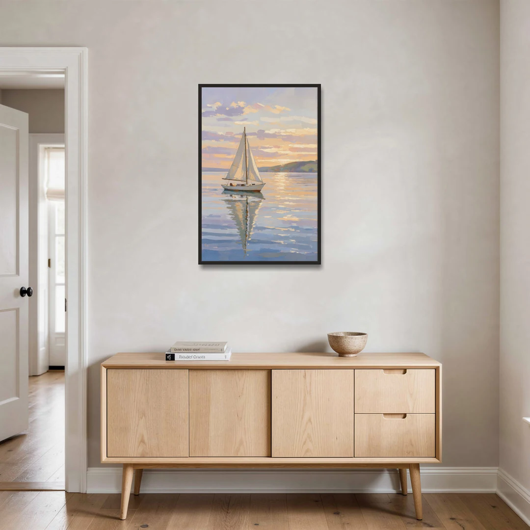 White Sailboat Sloop on Evening Glass - Black Framed Canvas Wall Art - Coffee Table - 24x36