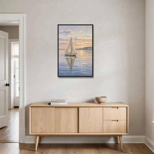 White Sailboat Sloop on Evening Glass - Black Framed Canvas Wall Art - Coffee Table - 24x36