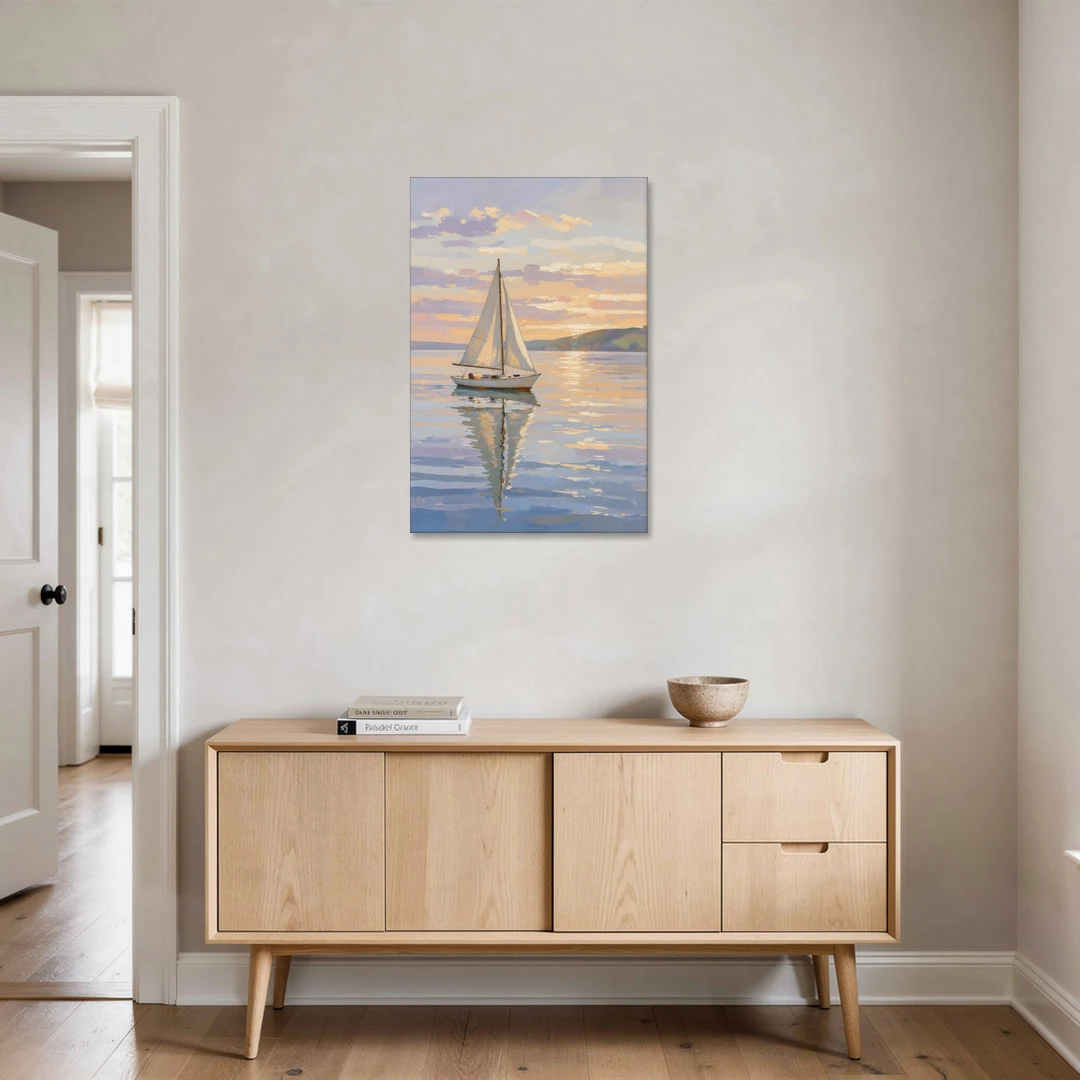 White Sailboat Sloop on Evening Glass - Canvas Wall Art - Coffee Table - 24x36