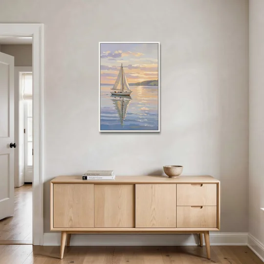 White Sailboat Sloop on Evening Glass - White Framed Canvas Wall Art - Coffee Table - 24x36