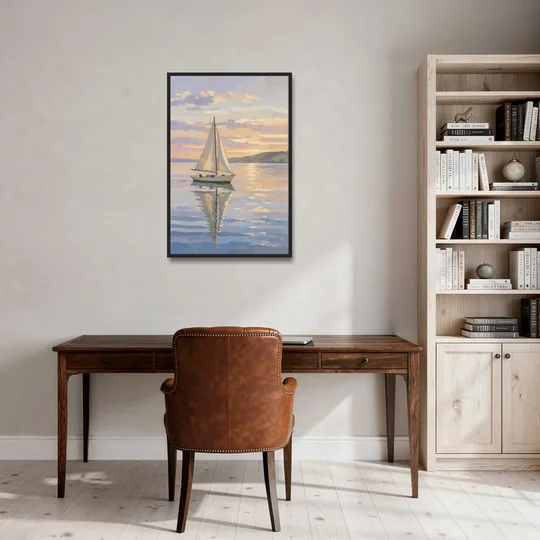 White Sailboat Sloop on Evening Glass - Black Framed Canvas Wall Art - Office - 24x36