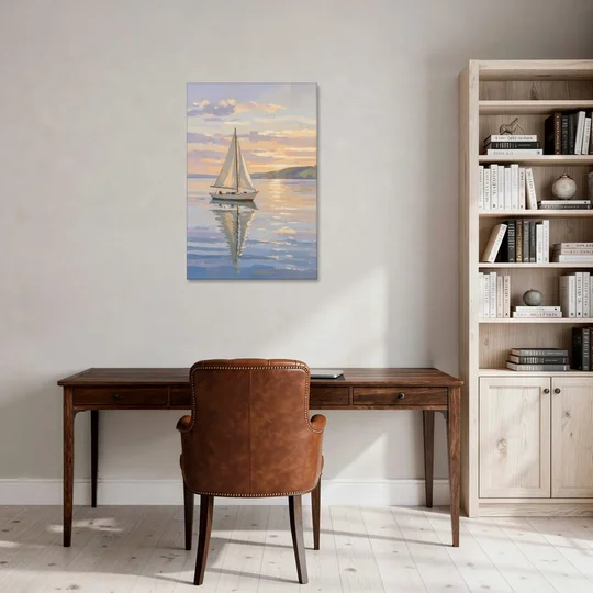 White Sailboat Sloop on Evening Glass - Canvas Wall Art - Office - 24x36