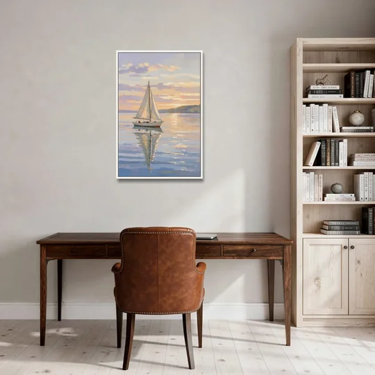 White Sailboat Sloop on Evening Glass - White Framed Canvas Wall Art - Office - 24x36