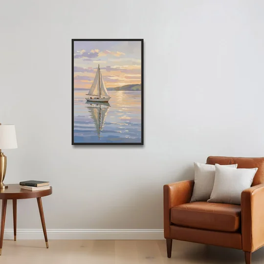 White Sailboat Sloop on Evening Glass - Black Framed Canvas Wall Art - Sofa - 24x36
