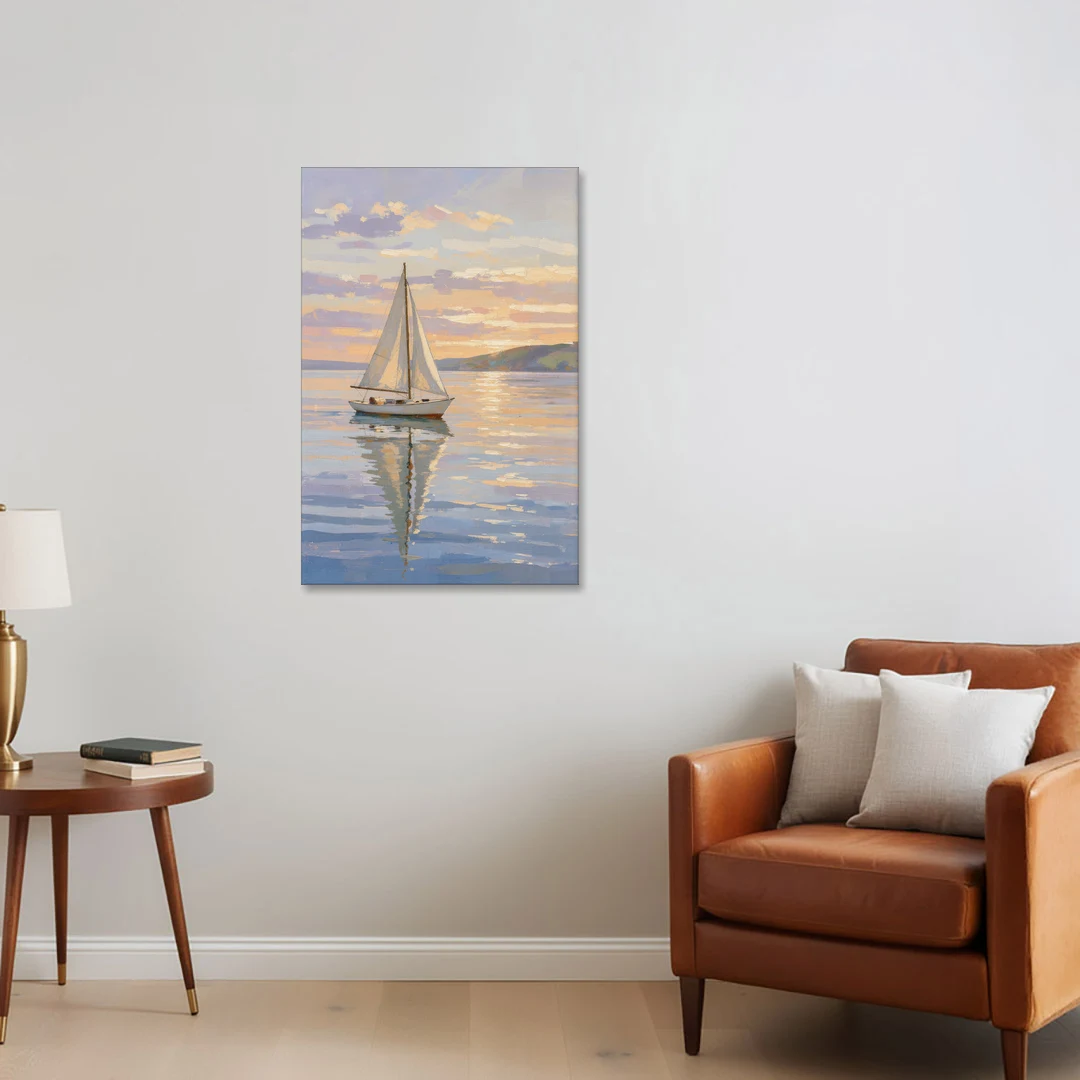 White Sailboat Sloop on Evening Glass - Canvas Wall Art - Sofa - 24x36