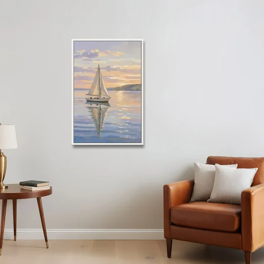 White Sailboat Sloop on Evening Glass - White Framed Canvas Wall Art - Sofa - 24x36